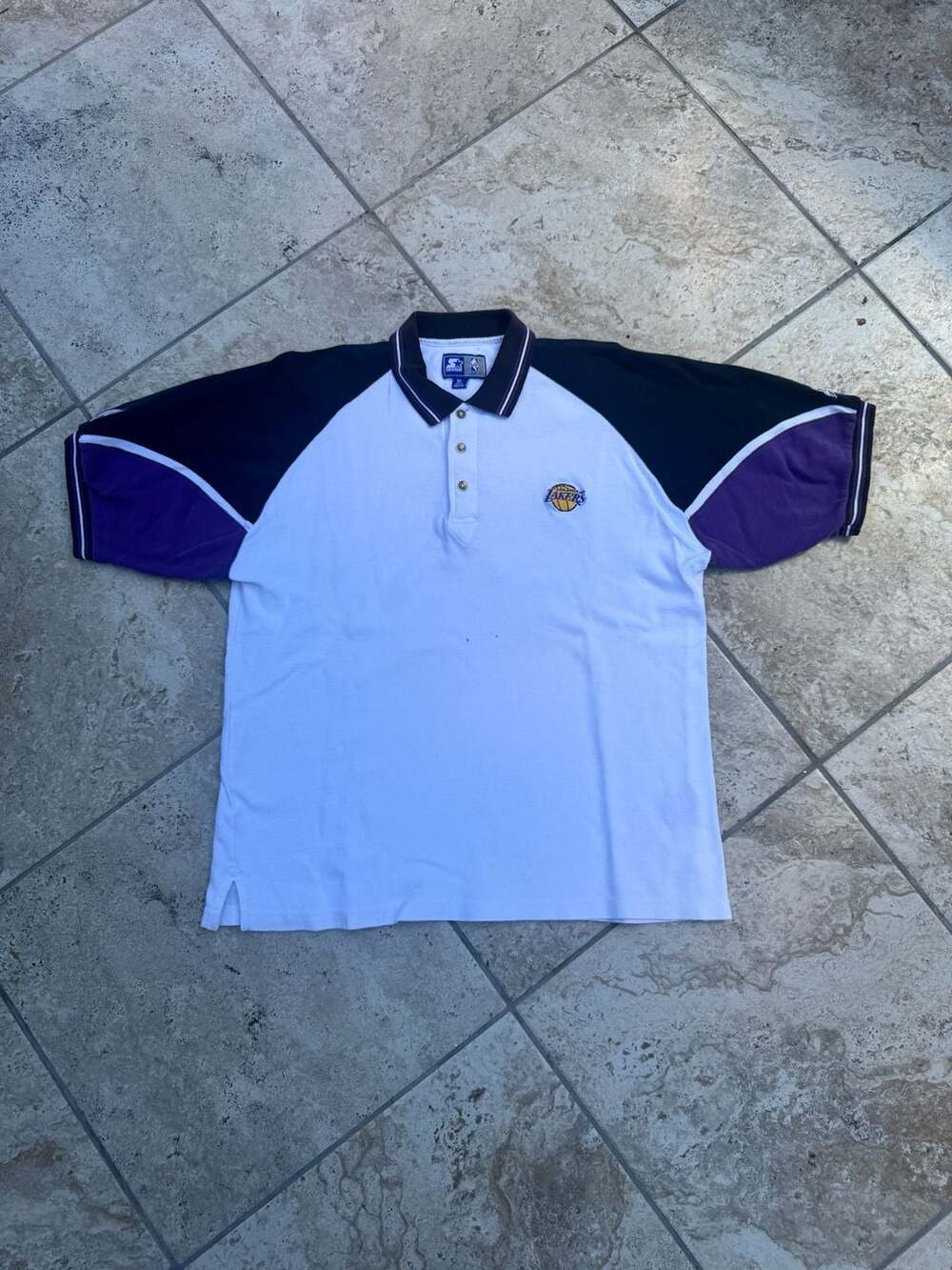 Vintage Starter Los Angeles Lakers NBA Polo Shirt XL White Purple Black